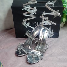 Fashion Nova Silver Rhinestone Butterfly Strappy Stiletto Heels Women's 7.5