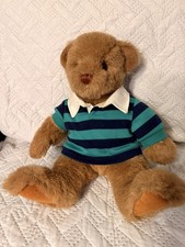 Lands End Gund Authentic Plush Rugby Teddy Bear Blue/Green Stripe Shirt 1989 14"