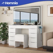 Vanity Desk 10 Drawers Makeup Glass Tabletop Mirror LED Lights W/ Power Hub