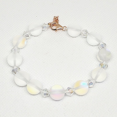 White Aurora Borealis Glass and White Glass Beaded Bracelet in 14K RG Over 925SS