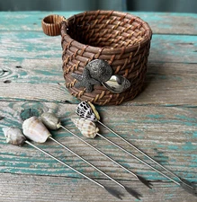 Woven Basket 3.25" Bottle Cradle Cork Holder 5 Cocktail Forks Seashells Beachy