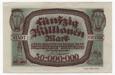 GERMANY CREFELD 50 MILLIONEN MARK 1923 EMERGENCY MONEY NOTGELD LOOK SCANS