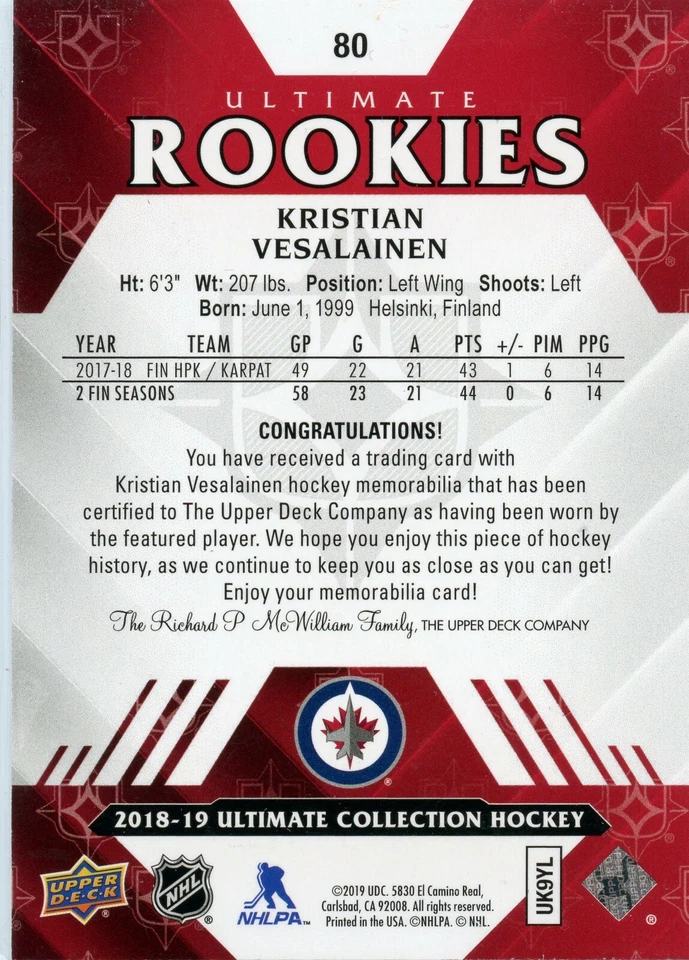 2018-19 Ultimate Collection Jerseys #80 Kristian Vesalainen 135/399 - Image 2 of 2