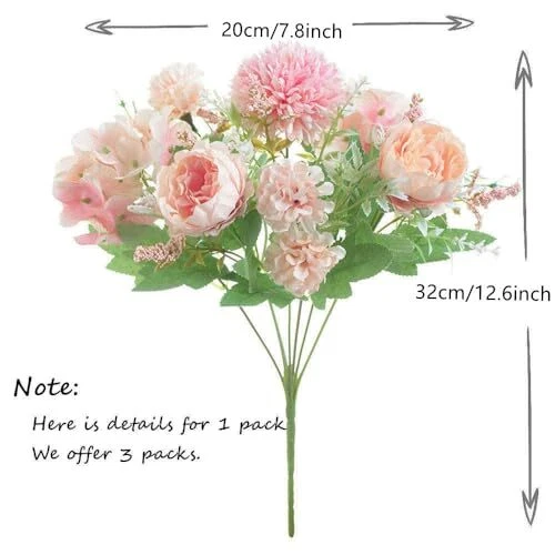  Fake Artificial Flowers, Peony Silk Hydrangea Bouquet Decor Plastic Pink - Image 2 of 4