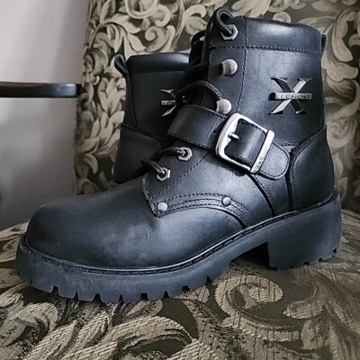 X Element Buckle Zipper Biker Motorcycle Boots Women sz 8.5 Black Leather W/Box