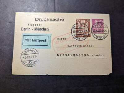 1923 Germany Airmail Postcard Cover Berlin to Deisenhofen by Munich