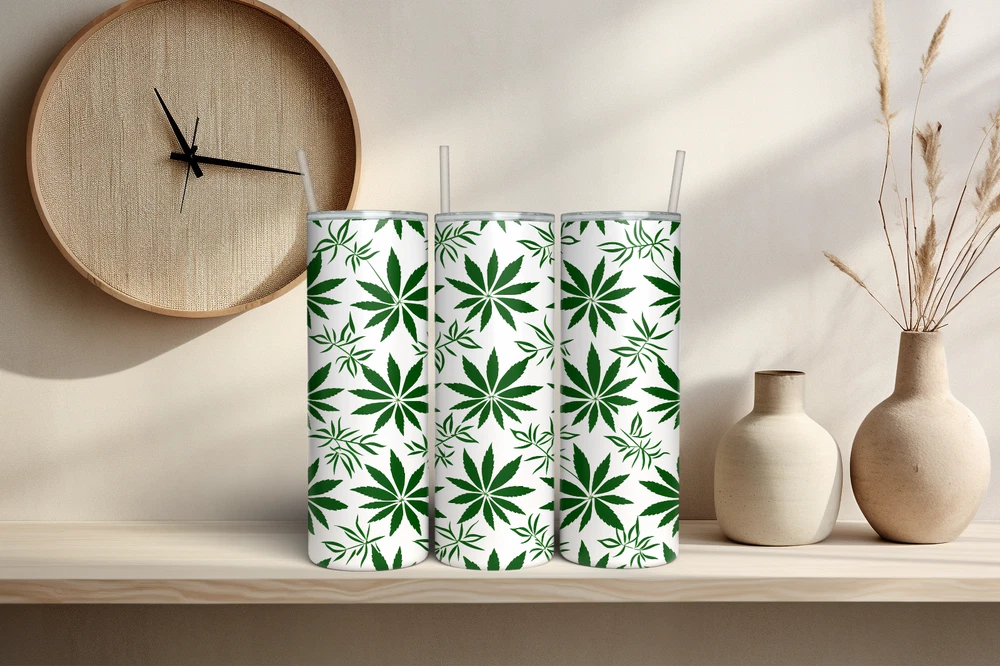 Tumbler Skinny 20oz  w/ Lid & Straw  Weed Leaf Cannabis Marijuana 420