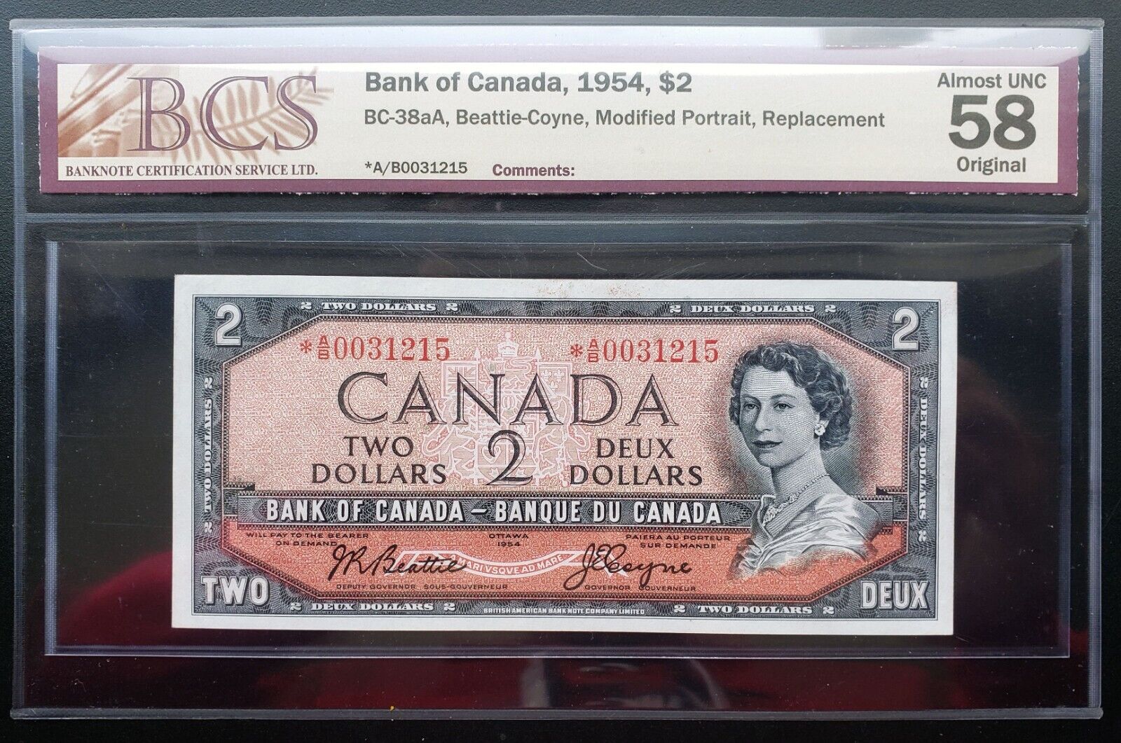 1954 Canada $2 Beattie-Coyne Replacement Note *A/B0031215 BCS CH.AU58 BC-38aA