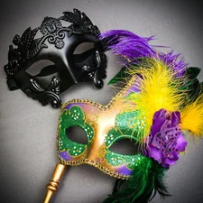 Black Venetian Warrior Half Face w/ Stick Mardi Gras Purple Feather Couple Mask