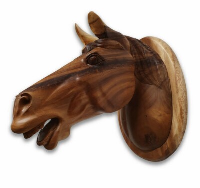 Carving Pferd 15 11/16in Solid Wood Horses Head Wall Sculpture Farm Rider Deco