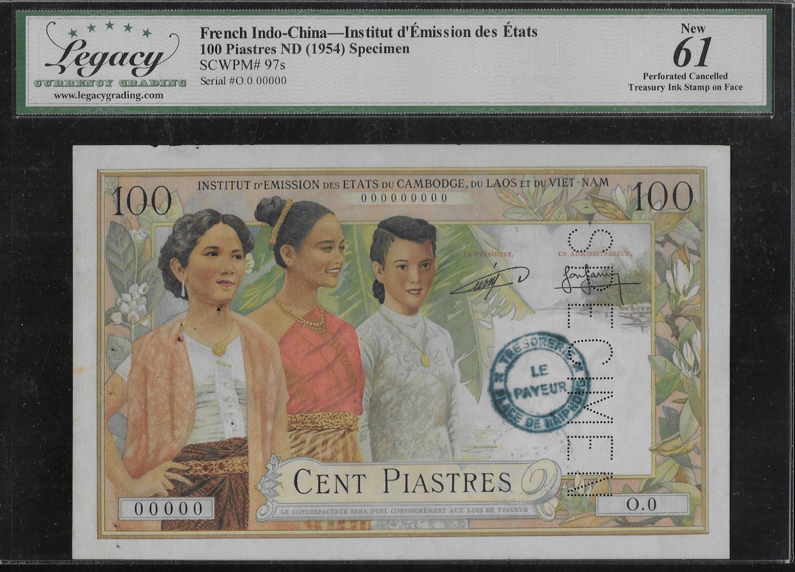 French Indochina Cambodia P-97s 100 Piastres 1954 Specimen, LCG 61