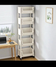 White Plastic 4-Tier Utility Cart w/ Shelves, 4 Wheels, 20in W, Kitchen