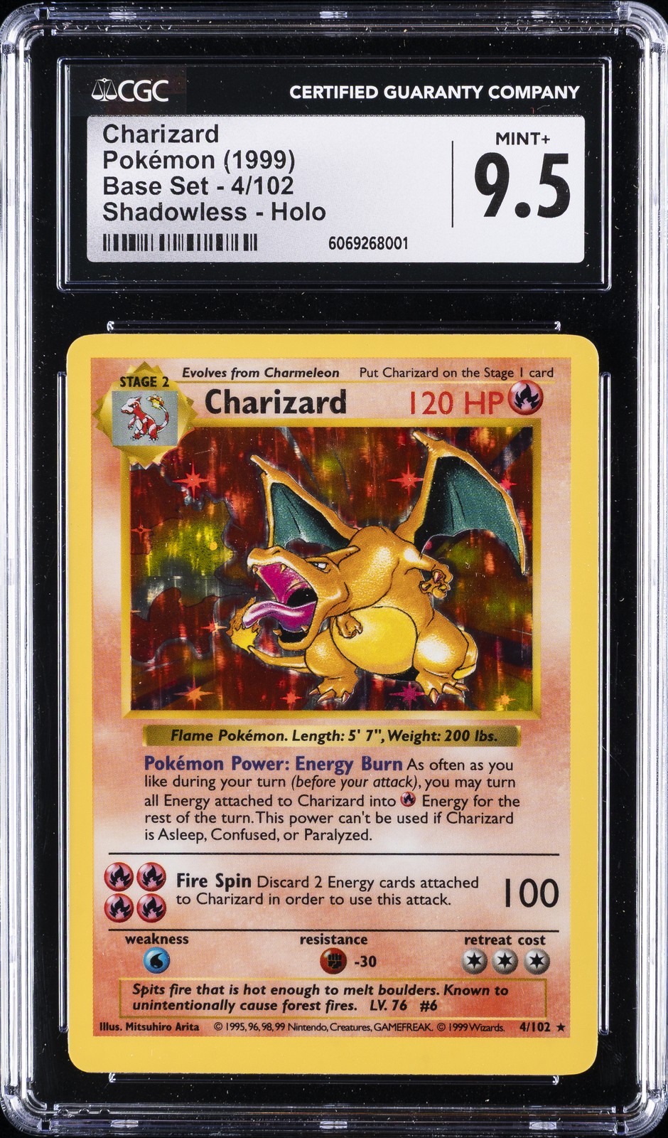 1999 POKEMON BASE SET SHADOWLESS #4 CHARIZARD CGC 9.5