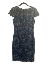 Tadashi Shoji Sz 6 Gold Embroidered Lace Boatneck Dress Dark Teal Blue 7080