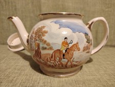 vintage Sadler porcelain teapot with a hand-painted fox hunt scene.