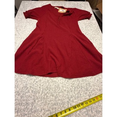 New In Small Red Waffle Knit V Neck Short Sleeve Button Detail Dress