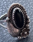 M Sterling Silver Floral Ring Oval Black Stone Bezel Setting Vintage Signed