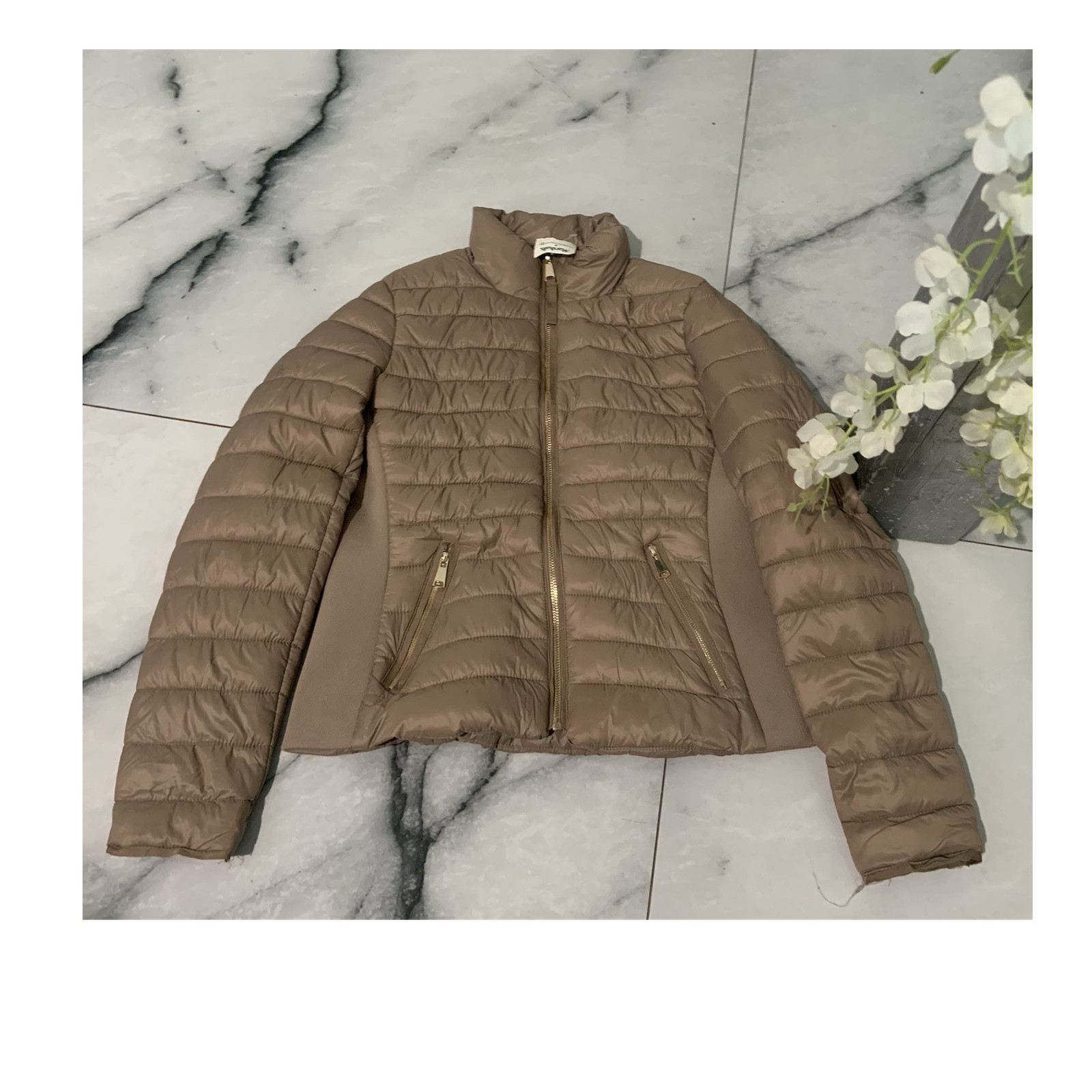 Love Tree Women's Brown Quilted Puffer Jacket Full Zip Long Sleeve Size S