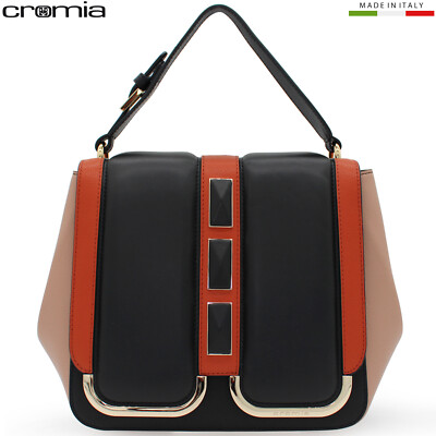 Cromia designer black orange beige leather Satchel bag purse Made in Italy