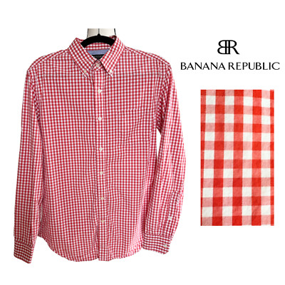 BANANA REPBULIC Men's Medium Red Gingham Soft Wash Slim Fit Button-Down Shirt