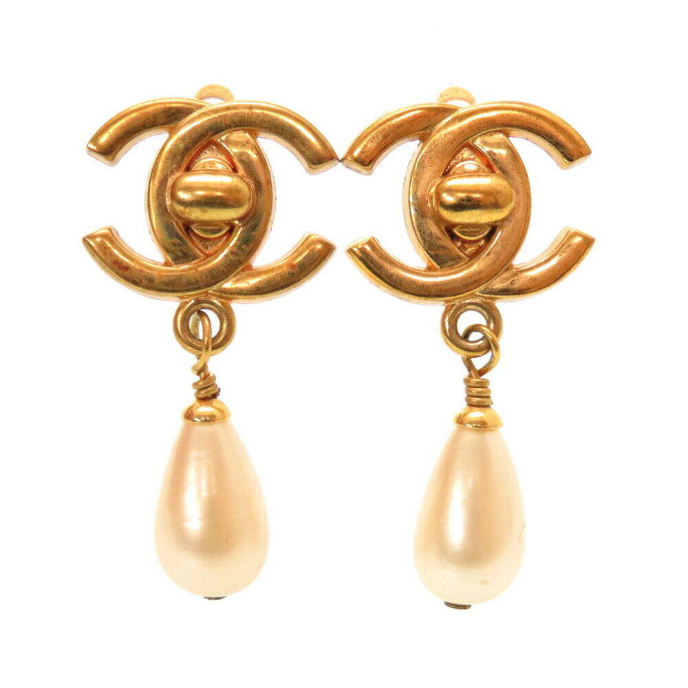 CHANEL Earrings Vintage Swing Faux Pearl Gold Turn Lock Coco mark Auth  #120411
