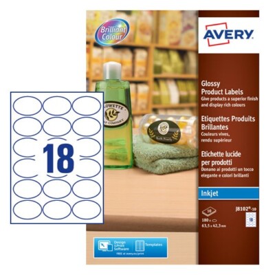 Avery glänzende ovale Etiketten, 64 x 42 mm, Fotooberfläche 180 Etiketten/Packung (J8102-10)