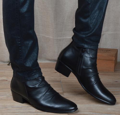 Hombres Cuero Plisado Punta Punta Punta Punta Tobillo Botas de Montar Cremallera Tacón Cubano Zapatos de Vestir