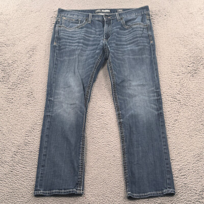 BKE Buckle Jeans Mens 36X30 Mason Tapered Thick Stitch Whiskers Blue Denim