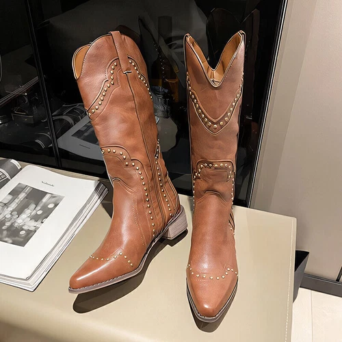 Women's Ladies Cowboy Western Toe Block Heel Boots Size Studded Mid Calf Pointed - Picture 18 of 28