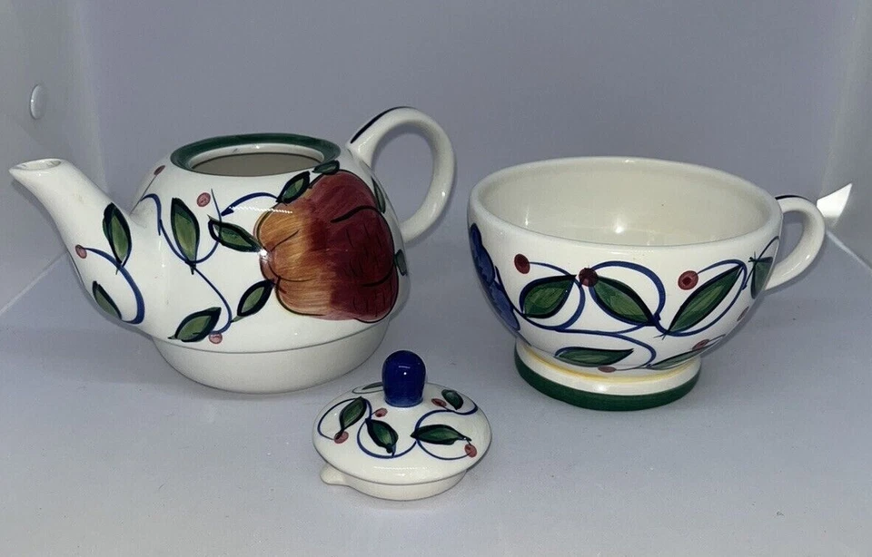 Teapot Zrike 3pc Hand Painted Fruits and Flowers EUC - Image 2 of 4