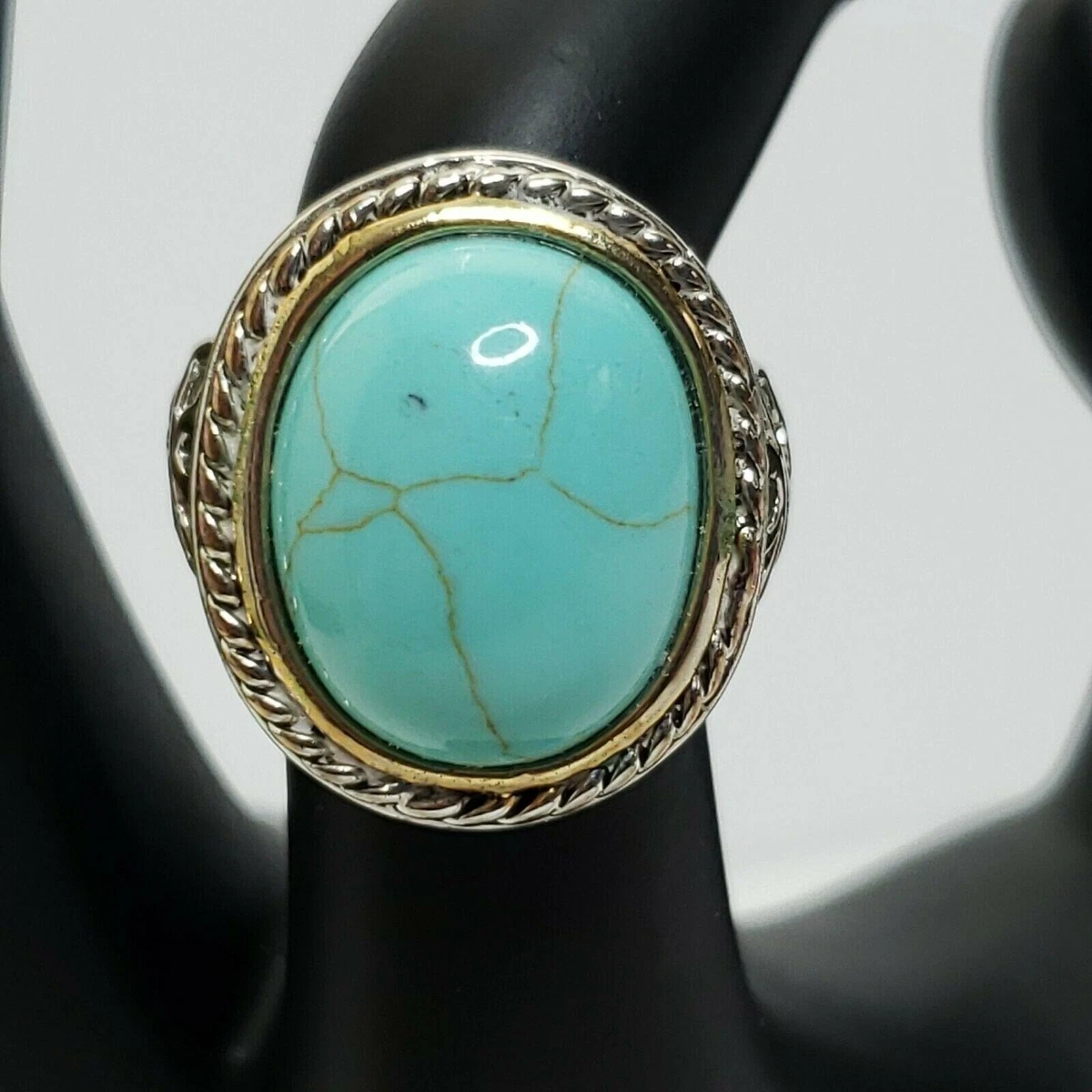 Silver Tone Rope Edge Robin Egg Blue Ring 5.75 Patina Tarnish Southwestern Boho