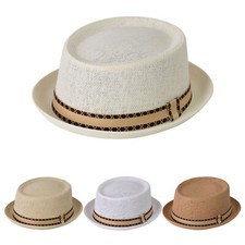 Adults Straw Lightweight Summer Pork Pie Striped Band Hat 57cm 58cm 59cm 60cm