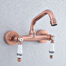 Red Copper Wall Mount Dual Handles Bathroom Basin Sink Swivel Faucet Mixer Tap