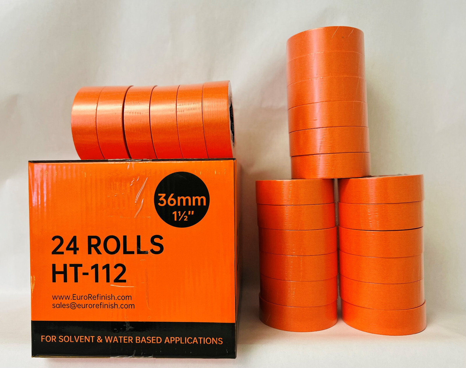 Premium Orange Masking Tape - 1.5 Inch Wide, 24 Rolls - High Temp Automotive & Bodyshop Use
