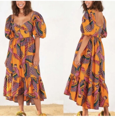 NWT FARM RIO Beaded Macaws Puff Sleeve Midi Dress Size XL | eBay