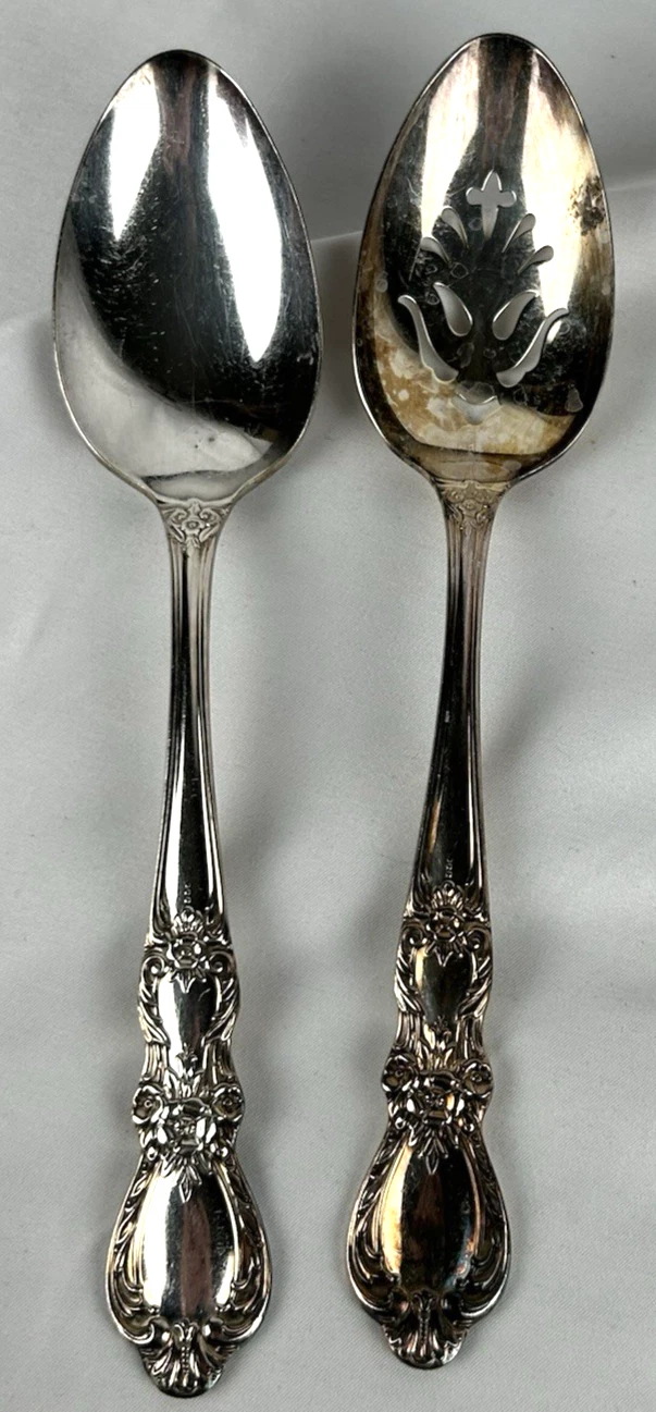 Vtg 1847 Rogers Bros IS HERITAGE Lot Of 2 Serving Spoons Slotted Solid Tarnished