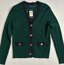 NWT Tommy Hilfiger Green and Navy Long Sleeve Cardigan with Gold Buttons Size M