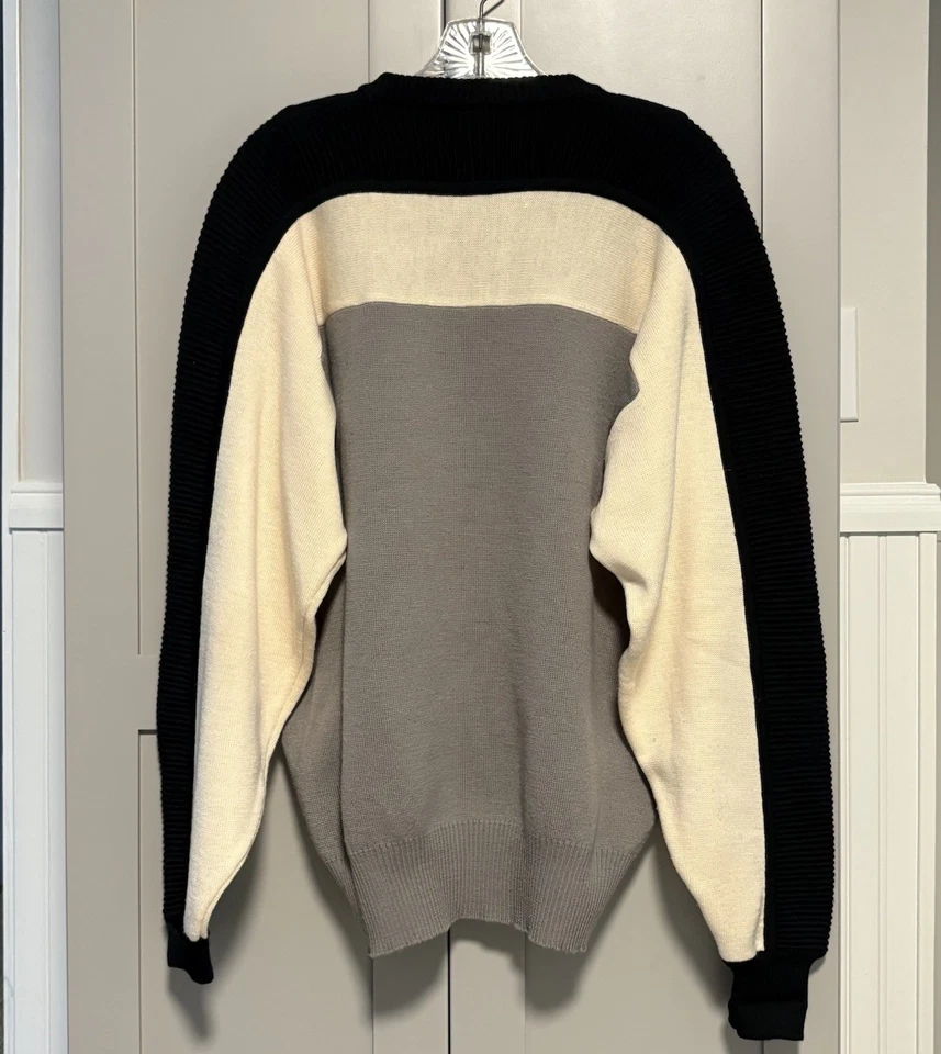 Suéter Cabeza Grande 100% Lana Bloque de Color Cuello Redondo Negro Gris Esquí Invierno De Colección Foto 3 de 4