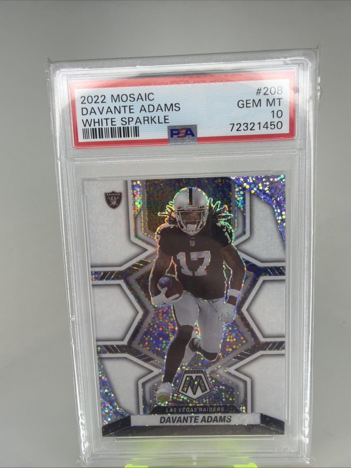2024 Mosaic Davante Adams White Sparkle Prizm SSP #115 Raiders PSA 10