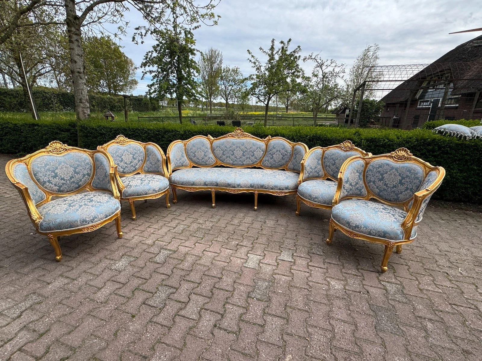 Sofa Set French Louis XVI Gold Beech Blue Damask Bergere Chairs 1940 5pc
Opens in a new window or ta