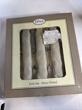 NIB•Set Of  4 Two Prong Cocktail Forks•Tassel Handle•Silver Plated•Grace Teaware