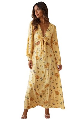 8 by YOOX Yellow Floral Maxi Dress Size 38 Tie Front Cutout Long Sleeve NWT