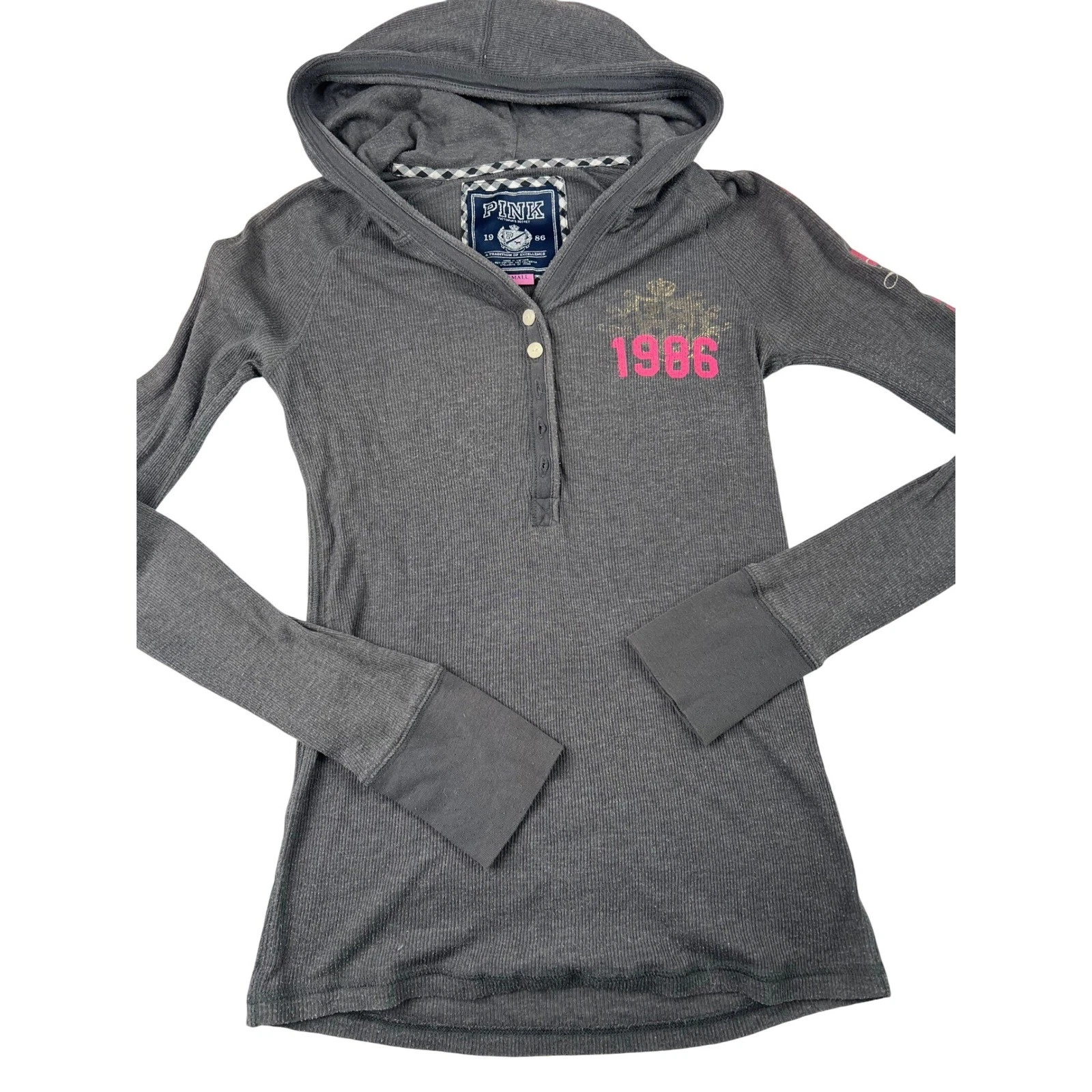 Y2K Retro Victorias Secret PINK preppy Thermal Henley Hoodie Grey 1986 Graphic S