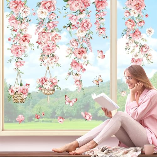 Hanging Flower Vine Double Sided Window Clings Pink Peony Floral Window - Picture 2 of 6