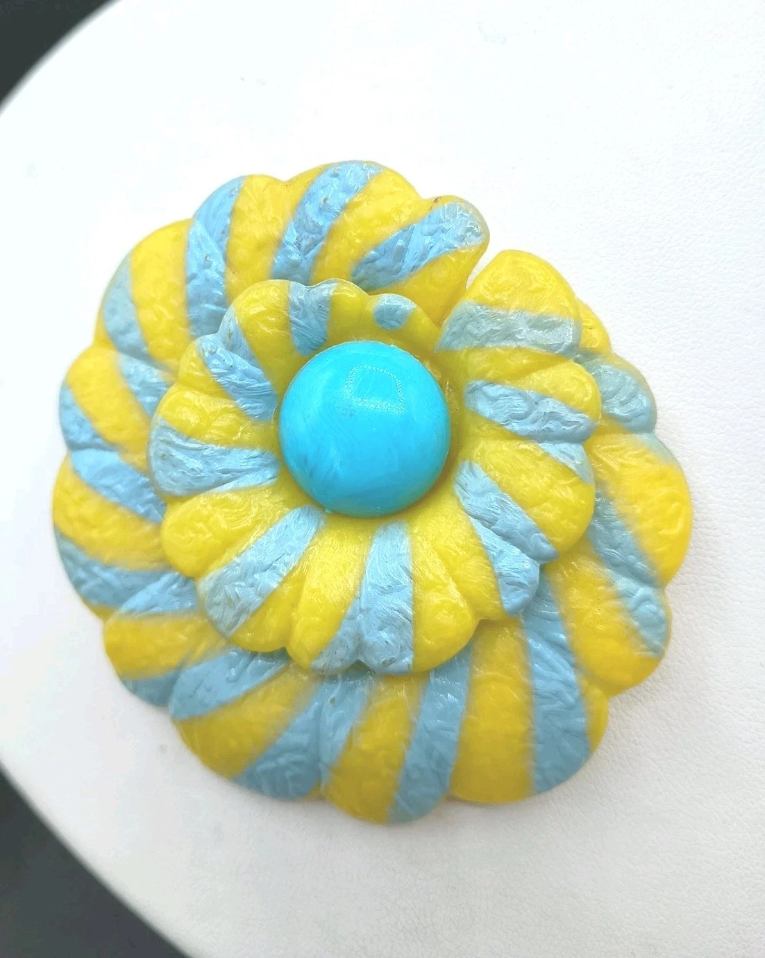 Vintage Enamel Flower Brooch Large Carved Aqua Yellow Tiered Textured Plastic 3"
