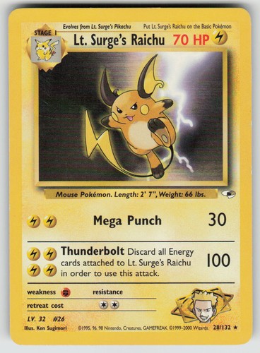 Lt. Surge's Raichu Unlimited 28/132 Rare Gym Heroes Pokemon MP