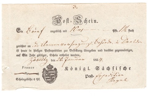 Altdeutschland Sachsen Postschein Zöblitz 1854