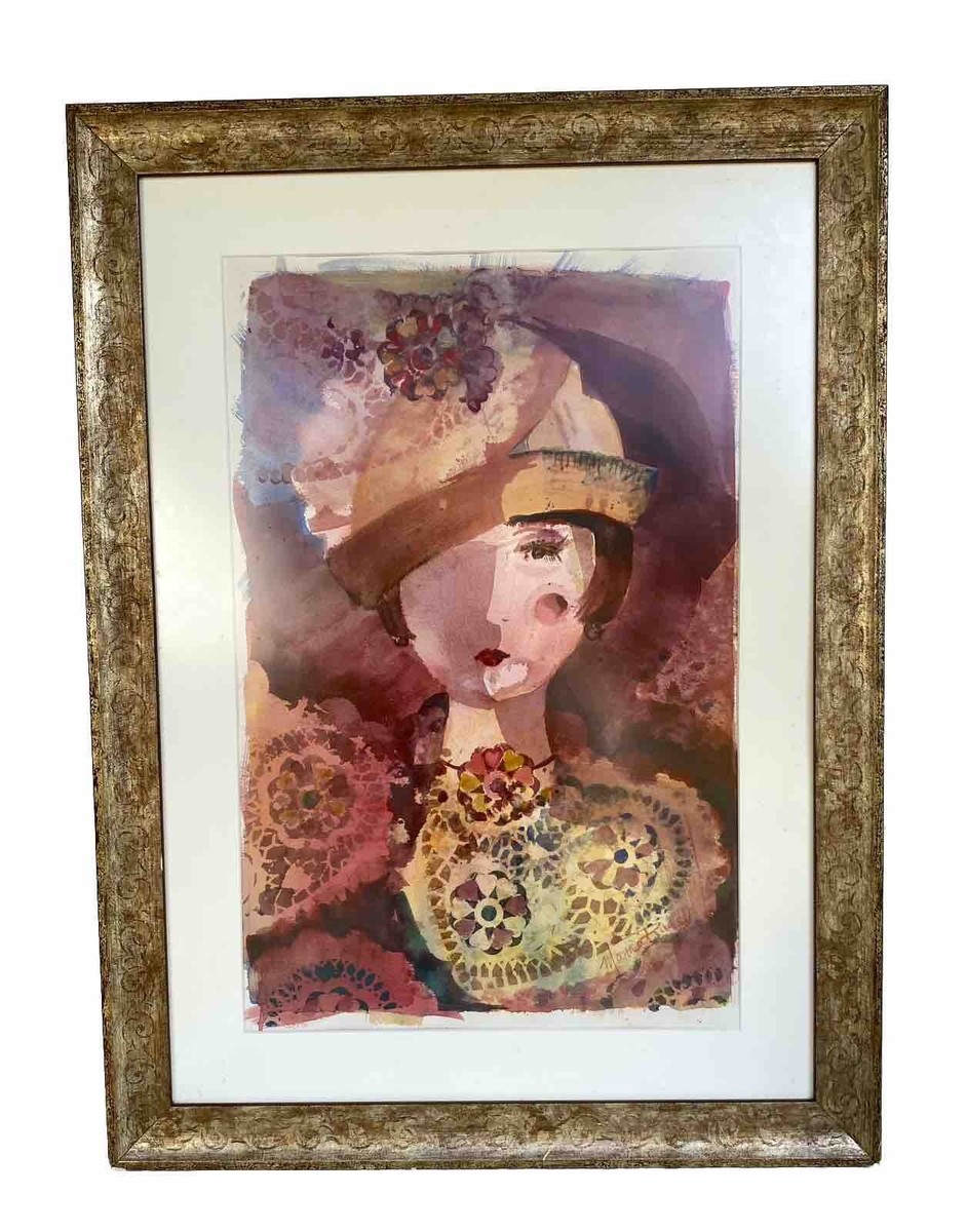 water dressed in brown OOAK Framed Color Painting Woman Hat, Maroon, Yellow & 21