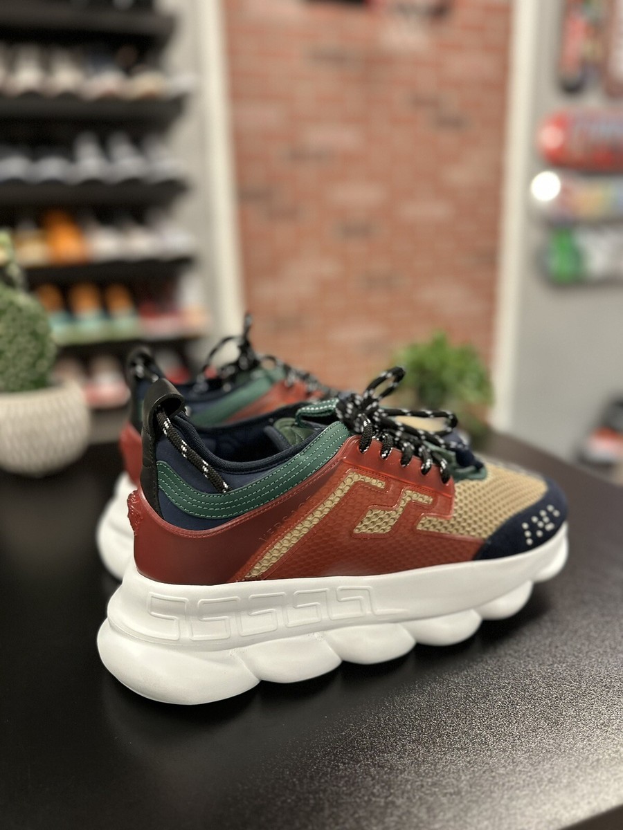 VERSACE Burgundy/Camel Chain Reaction Sneakers Size $1075 Saks Fifth  Exclusive