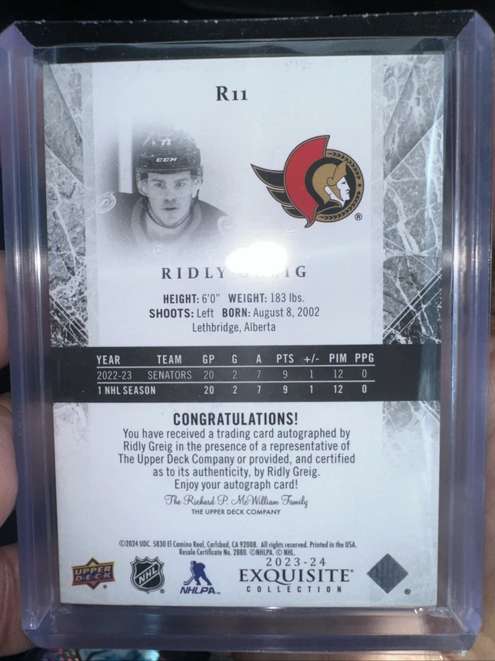 2023-24 Upper Deck Ice Ridly Greig Exquisite Rookie Auto #/99 - Image 2 of 2